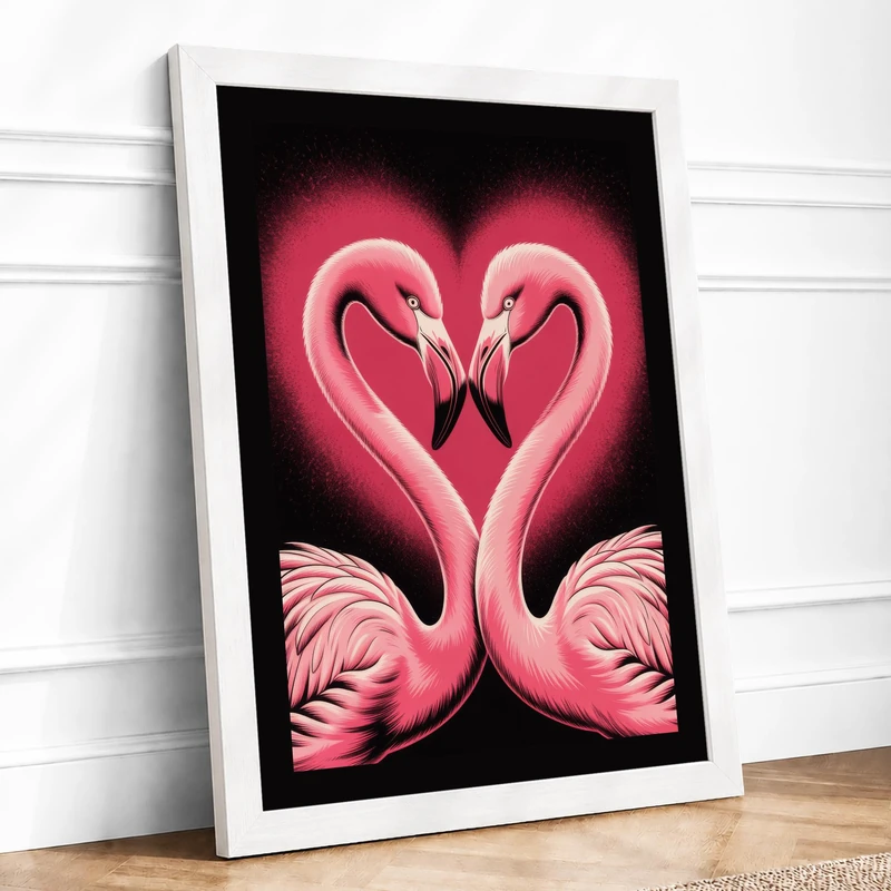 Flamingos in Love Modern Framed Wall Art Print A1 (84.1×59.4cm) White, Wall Decor for Living Room, Bedroom, Office & Home, Ready to Hang, Art Gift