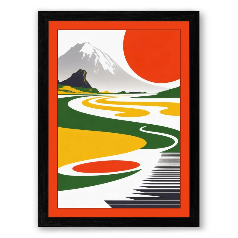 Mountain and Rising Sun Art Deco Framed Wall Art Print A1 (84.1×59.4cm) Black, Wall Decor for Living Room, Bedroom, Office & Home, Ready to Hang, Art Gift