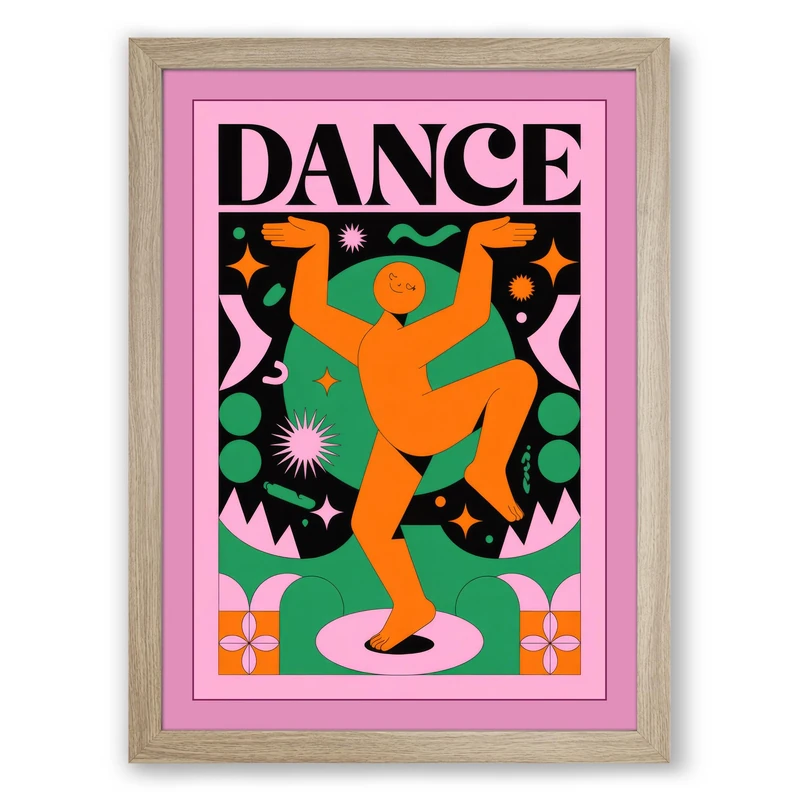 Dance in Motion Mid-Century Framed Wall Art Print A1 (84.1×59.4cm) Oak, Wall Decor for Living Room, Bedroom, Office & Home, Ready to Hang, Art Gift