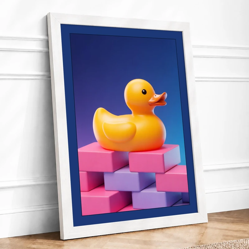 Duck on Blocks Modern Framed Wall Art Print A1 (84.1×59.4cm) White, Wall Decor for Living Room, Bedroom, Office & Home, Ready to Hang, Art Gift