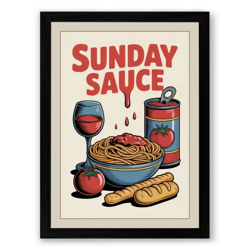 Sunday Sauce Retro Framed Wall Art Print A1 (84.1×59.4cm) Black, Wall Decor for Living Room, Bedroom, Office & Home, Ready to Hang, Art Gift