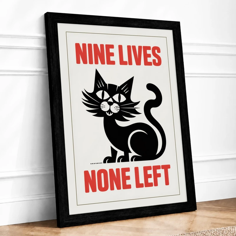 Nine Lives None Left Typography Framed Wall Art Print A1 (84.1×59.4cm) Black, Wall Decor for Living Room, Bedroom, Office & Home, Ready to Hang, Art Gift