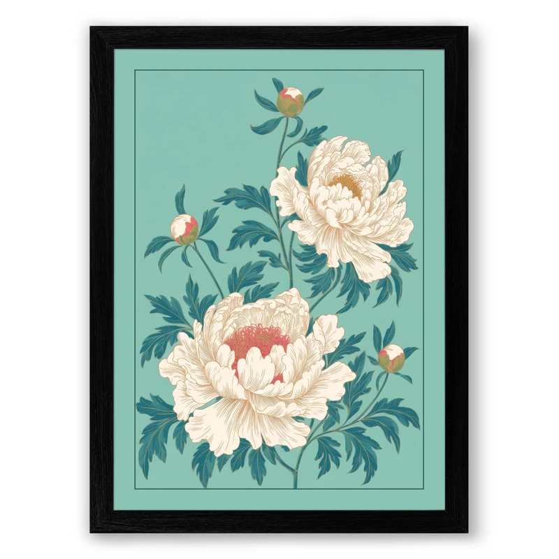 Peony Bloom Botanical Framed Wall Art Print A1 (84.1×59.4cm) Black, Wall Decor for Living Room, Bedroom, Office & Home, Ready to Hang, Art Gift