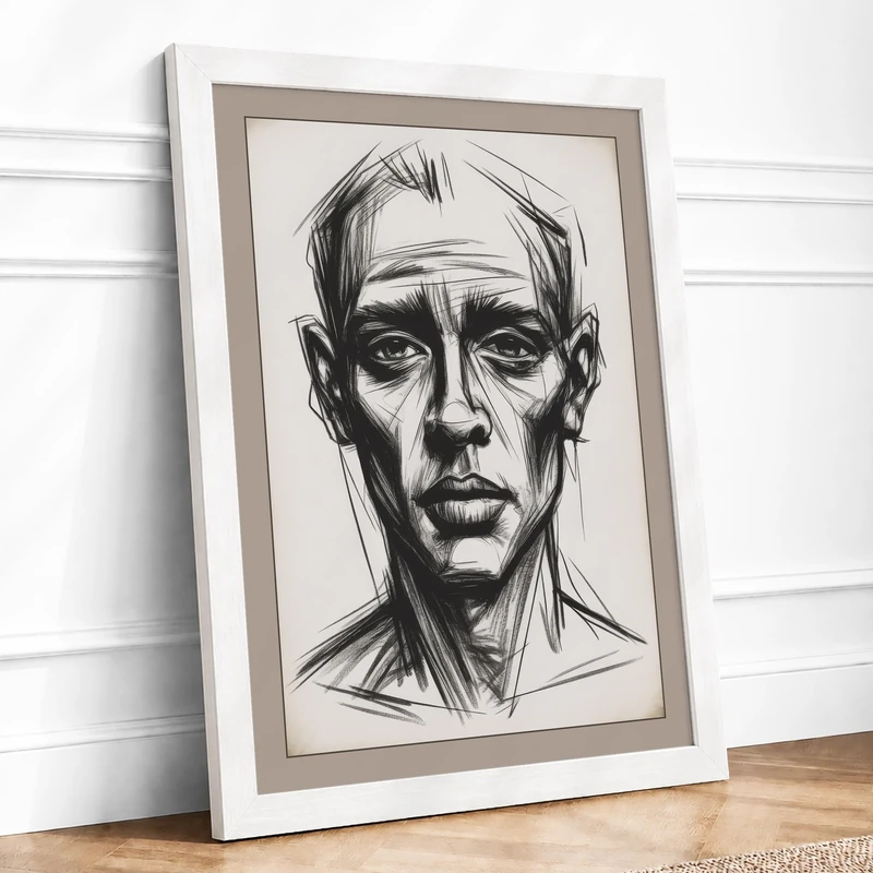 Ink Portrait Study Modern Framed Wall Art Print A1 (84.1×59.4cm) White, Wall Decor for Living Room, Bedroom, Office & Home, Ready to Hang, Art Gift - Image 1