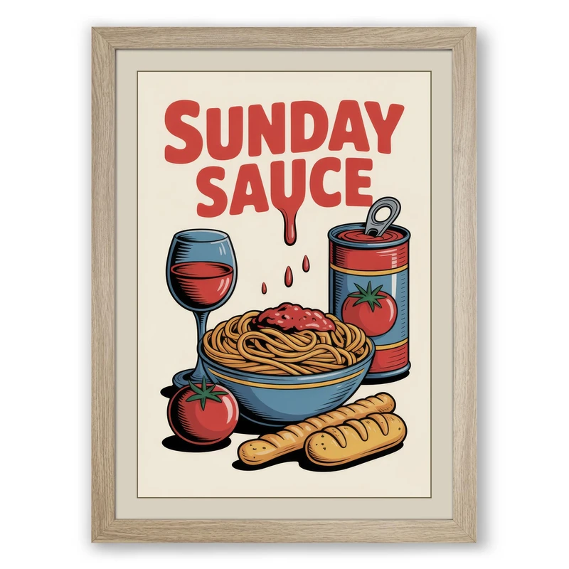 Sunday Sauce Retro Framed Wall Art Print A1 (84.1×59.4cm) Oak, Wall Decor for Living Room, Bedroom, Office & Home, Ready to Hang, Art Gift