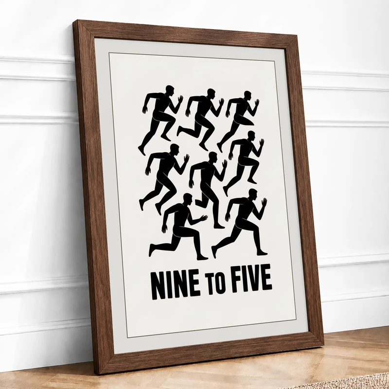 Nine to Five Typography Framed Wall Art Print A1 (84.1×59.4cm) Walnut, Wall Decor for Living Room, Bedroom, Office & Home, Ready to Hang, Art Gift - Image 1