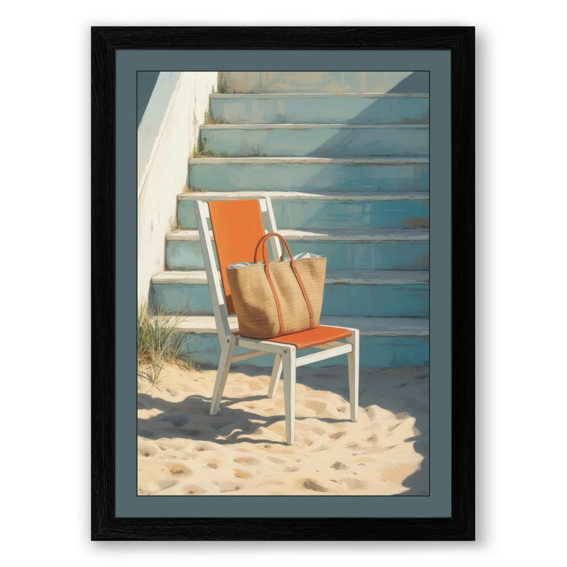 Beach Chair at Rest Coastal Framed Wall Art Print A1 (84.1×59.4cm) Black, Wall Decor for Living Room, Bedroom, Office & Home, Ready to Hang, Art Gift