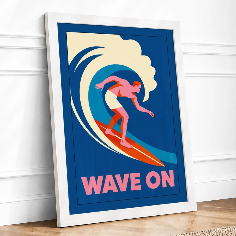 Wave On Retro Framed Wall Art Print A1 (84.1×59.4cm) White, Wall Decor for Living Room, Bedroom, Office & Home, Ready to Hang, Art Gift - Image 1