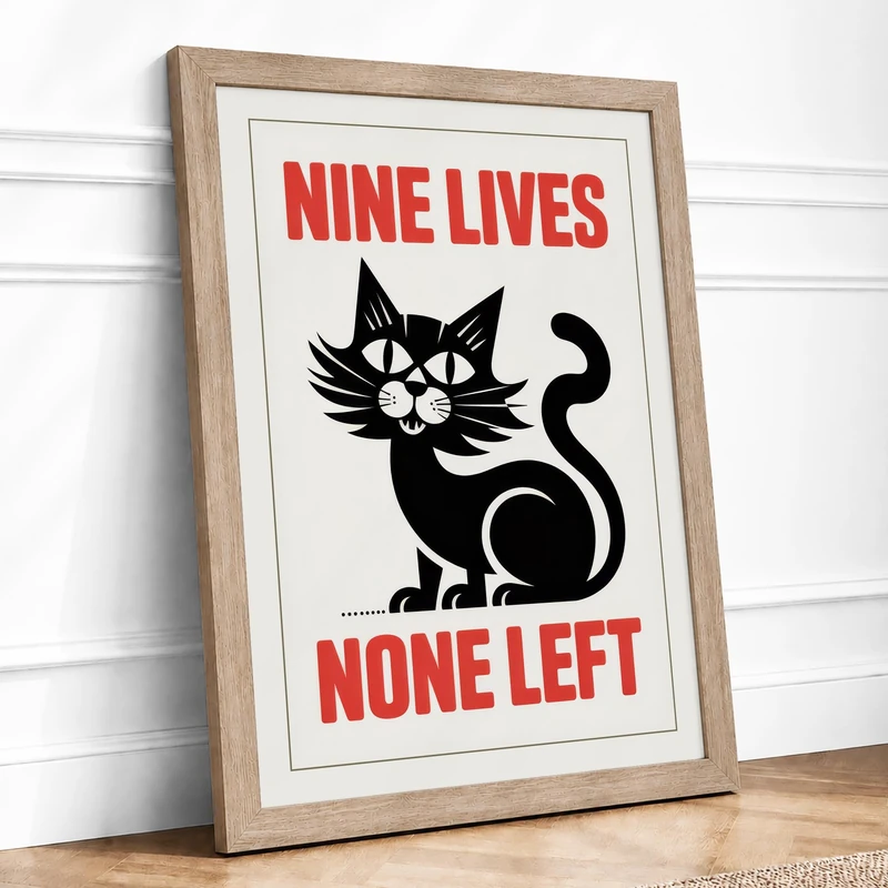 Nine Lives None Left Typography Framed Wall Art Print A1 (84.1×59.4cm) Oak, Wall Decor for Living Room, Bedroom, Office & Home, Ready to Hang, Art Gift - Image 1