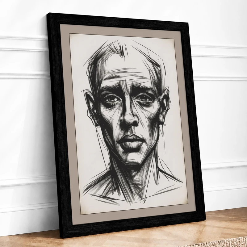 Ink Portrait Study Modern Framed Wall Art Print A1 (84.1×59.4cm) Black, Wall Decor for Living Room, Bedroom, Office & Home, Ready to Hang, Art Gift
