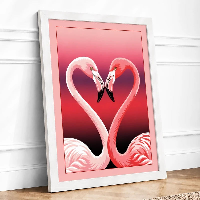 Heart of Flamingos Modern Framed Wall Art Print A1 (84.1×59.4cm) White, Wall Decor for Living Room, Bedroom, Office & Home, Ready to Hang, Art Gift