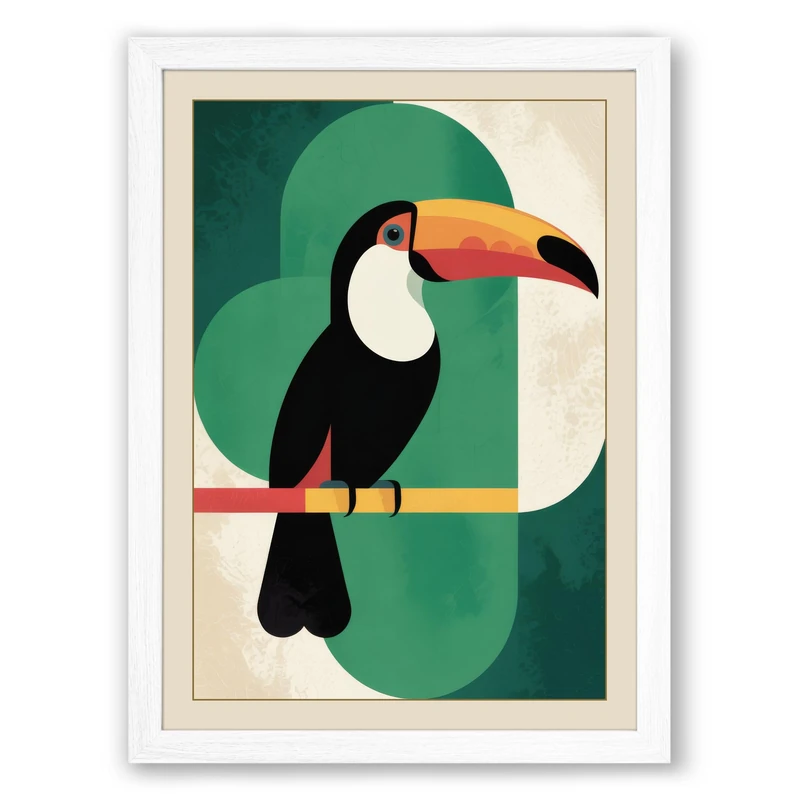Geometric Toucan Mid-Century Framed Wall Art Print A1 (84.1×59.4cm) White, Wall Decor for Living Room, Bedroom, Office & Home, Ready to Hang, Art Gift