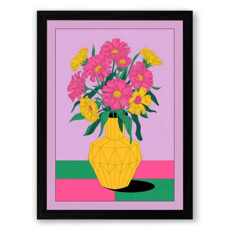 Blooms in Yellow Vase Botanical Framed Wall Art Print A1 (84.1×59.4cm) Black, Wall Decor for Living Room, Bedroom, Office & Home, Ready to Hang, Art Gift
