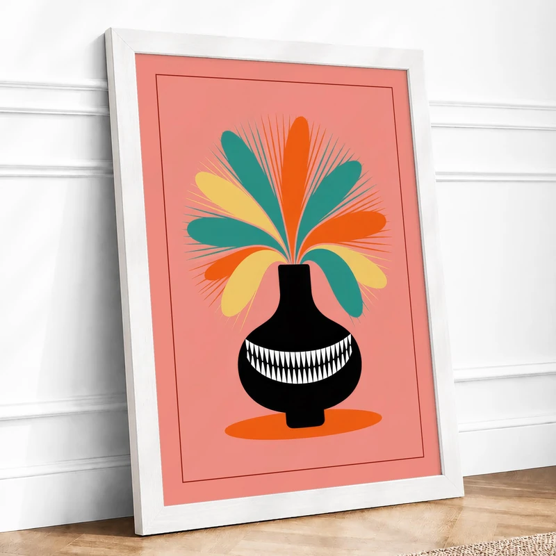 Geometric Vase with Burst Mid-Century Framed Wall Art Print A1 (84.1×59.4cm) White, Wall Decor for Living Room, Bedroom, Office & Home, Ready to Hang, Art Gift