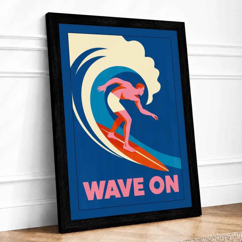 Wave On Retro Framed Wall Art Print A1 (84.1×59.4cm) Black, Wall Decor for Living Room, Bedroom, Office & Home, Ready to Hang, Art Gift