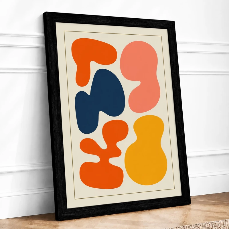 Playful Biomorph Mid-Century Framed Wall Art Print A1 (84.1×59.4cm) Black, Wall Decor for Living Room, Bedroom, Office & Home, Ready to Hang, Art Gift