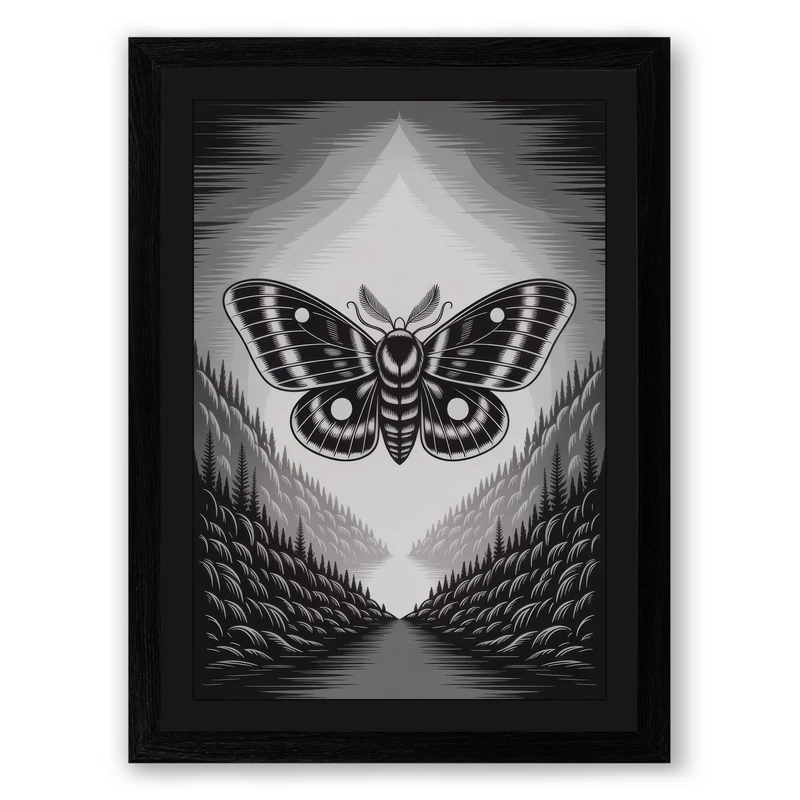 Moth in Perspective Geometric Framed Wall Art Print A1 (84.1×59.4cm) Black, Wall Decor for Living Room, Bedroom, Office & Home, Ready to Hang, Art Gift - Image 1