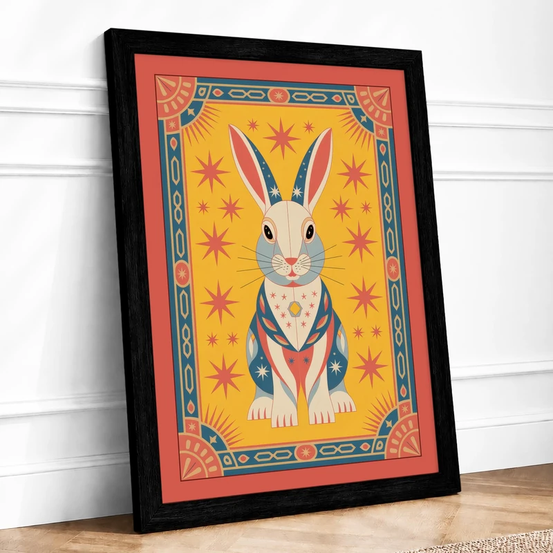 Decorated Rabbit Herald Eclectic Framed Wall Art Print A1 (84.1×59.4cm) Black, Wall Decor for Living Room, Bedroom, Office & Home, Ready to Hang, Art Gift