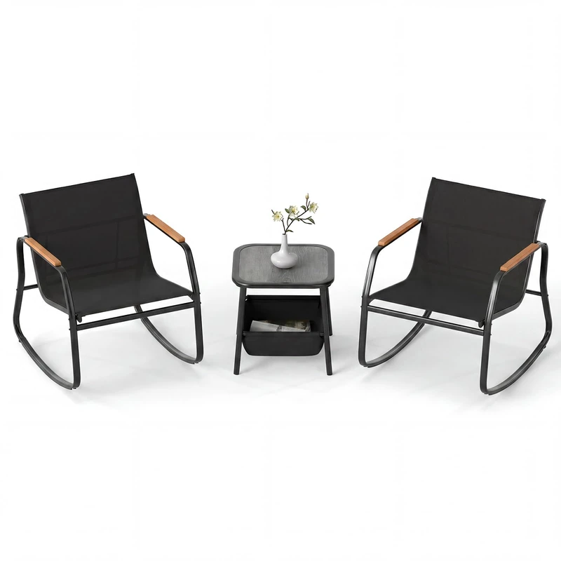 RELAX4LIFE 3 Pieces Patio Bistro Set, Outdoor Conservatory Coffee Table and Chairs, Metal Frame Garden Conversation Furniture Set for Lawn Porch Balcony Backyard (Black)