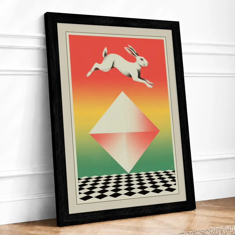 Leaping Rabbit Art Deco Framed Wall Art Print A1 (84.1×59.4cm) Black, Wall Decor for Living Room, Bedroom, Office & Home, Ready to Hang, Art Gift