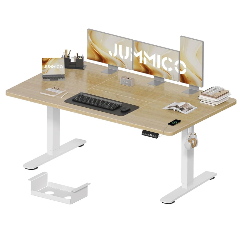 JUMMICO Height-Adjustable Desk 160 x 80 cm with Cable Tray, Height-Adjustable Electric Standing Desk with USB Socket, Computer Desk, Ergonomic Standing Seat Table, Office Table, Beige - Image 1