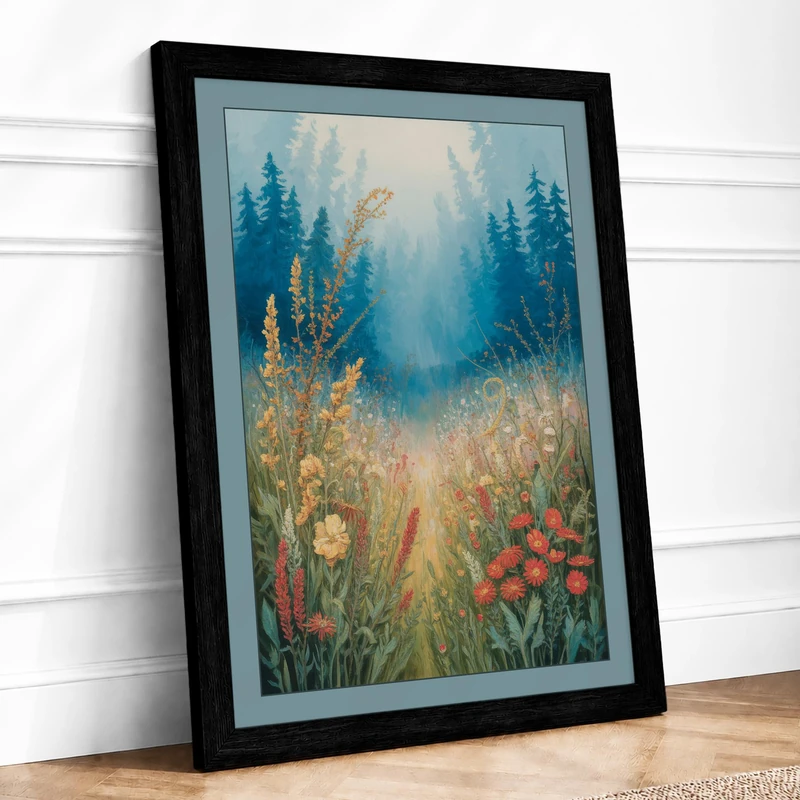 Morning Mist Meadow Watercolor Framed Wall Art Print A1 (84.1×59.4cm) Black, Wall Decor for Living Room, Bedroom, Office & Home, Ready to Hang, Art Gift