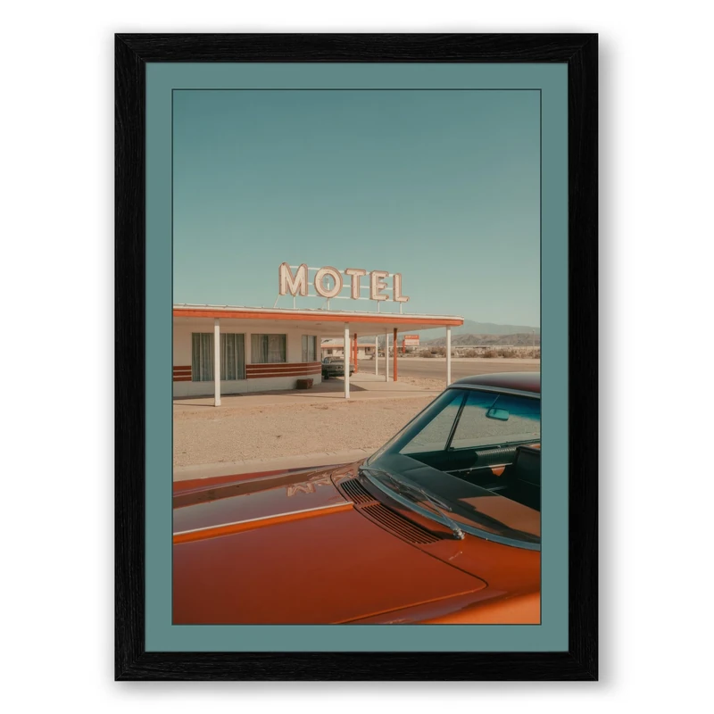 Motel at Dusk Vintage Framed Wall Art Print A1 (84.1×59.4cm) Black, Wall Decor for Living Room, Bedroom, Office & Home, Ready to Hang, Art Gift