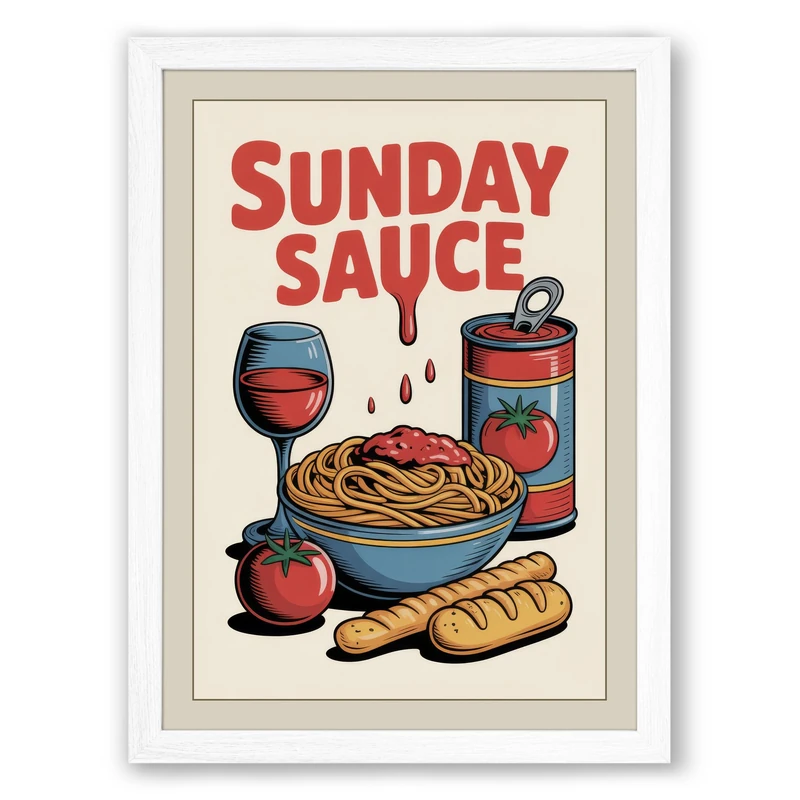 Sunday Sauce Retro Framed Wall Art Print A1 (84.1×59.4cm) White, Wall Decor for Living Room, Bedroom, Office & Home, Ready to Hang, Art Gift