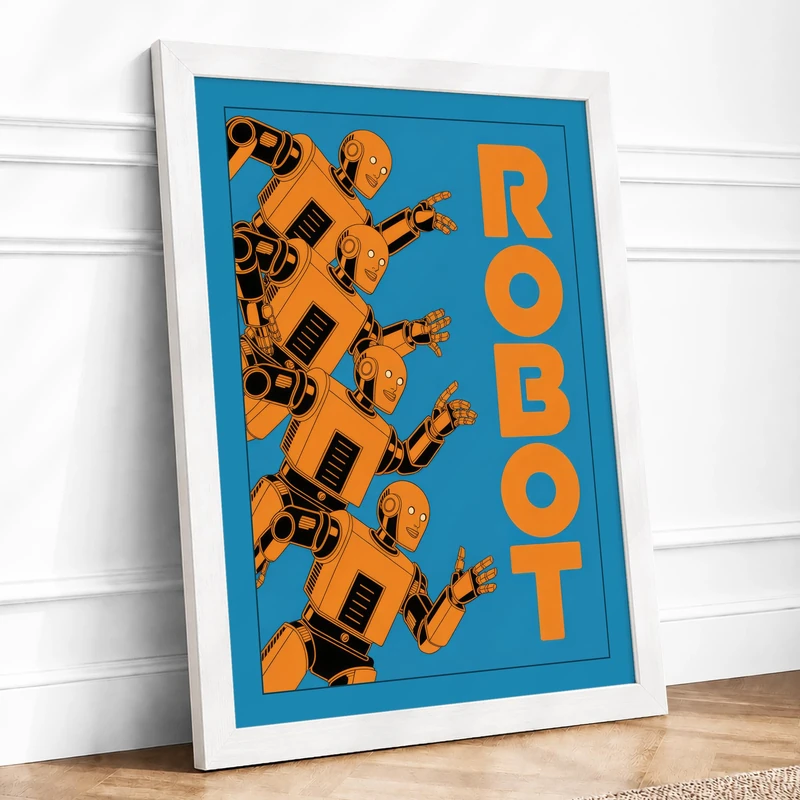 Geometric Robot Retro Framed Wall Art Print A1 (84.1×59.4cm) White, Wall Decor for Living Room, Bedroom, Office & Home, Ready to Hang, Art Gift