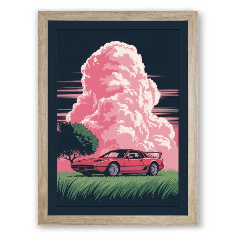 Pink Cloud and Car Modern Framed Wall Art Print A1 (84.1×59.4cm) Oak, Wall Decor for Living Room, Bedroom, Office & Home, Ready to Hang, Art Gift