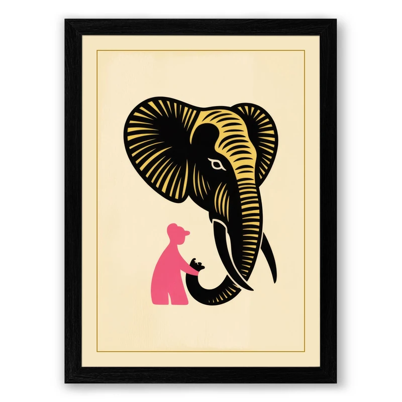 Figure Beneath Elephant Minimalist Framed Wall Art Print A1 (84.1×59.4cm) Black, Wall Decor for Living Room, Bedroom, Office & Home, Ready to Hang, Art Gift