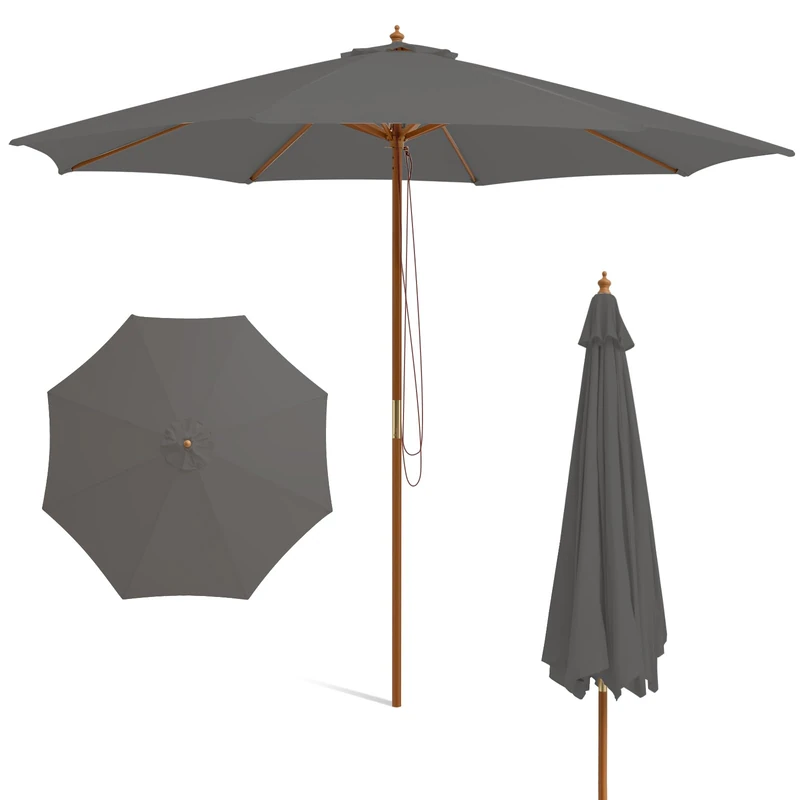 SPOTRAVEL 3M Patio Wooden Parasol, Table Market Umbrella (Gray)