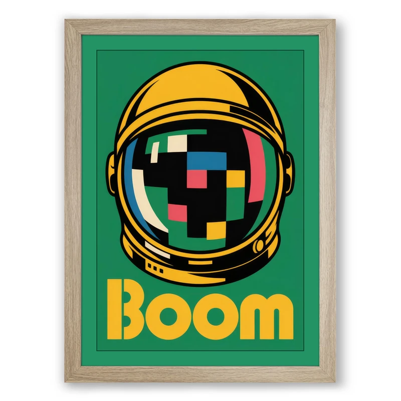Boom Astronaut Visor Modern Framed Wall Art Print A1 (84.1×59.4cm) Oak, Wall Decor for Living Room, Bedroom, Office & Home, Ready to Hang, Art Gift