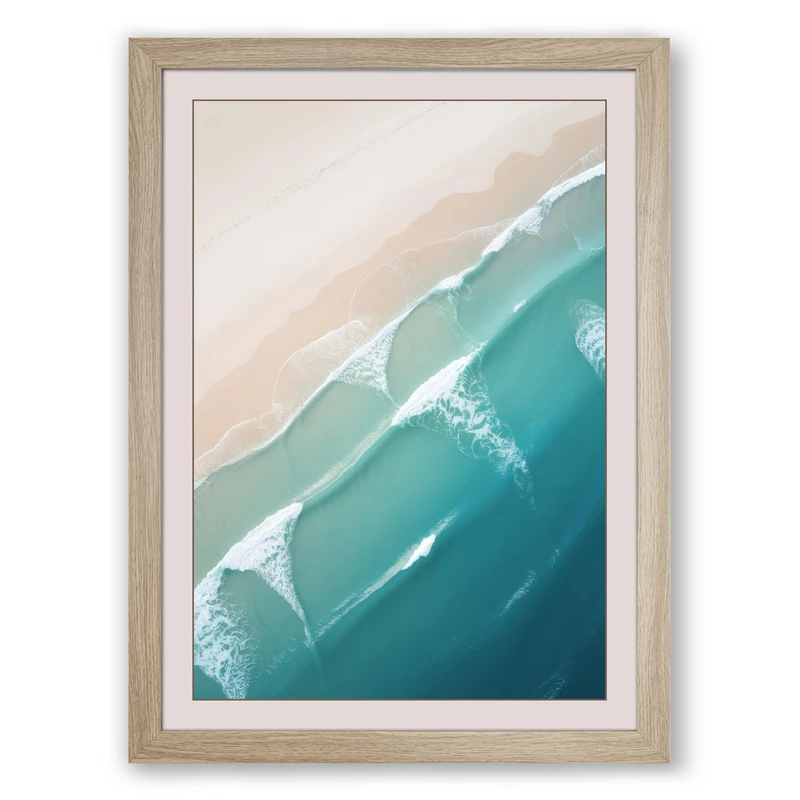 Turquoise Meeting Shore Coastal Framed Wall Art Print A1 (84.1×59.4cm) Oak, Wall Decor for Living Room, Bedroom, Office & Home, Ready to Hang, Art Gift