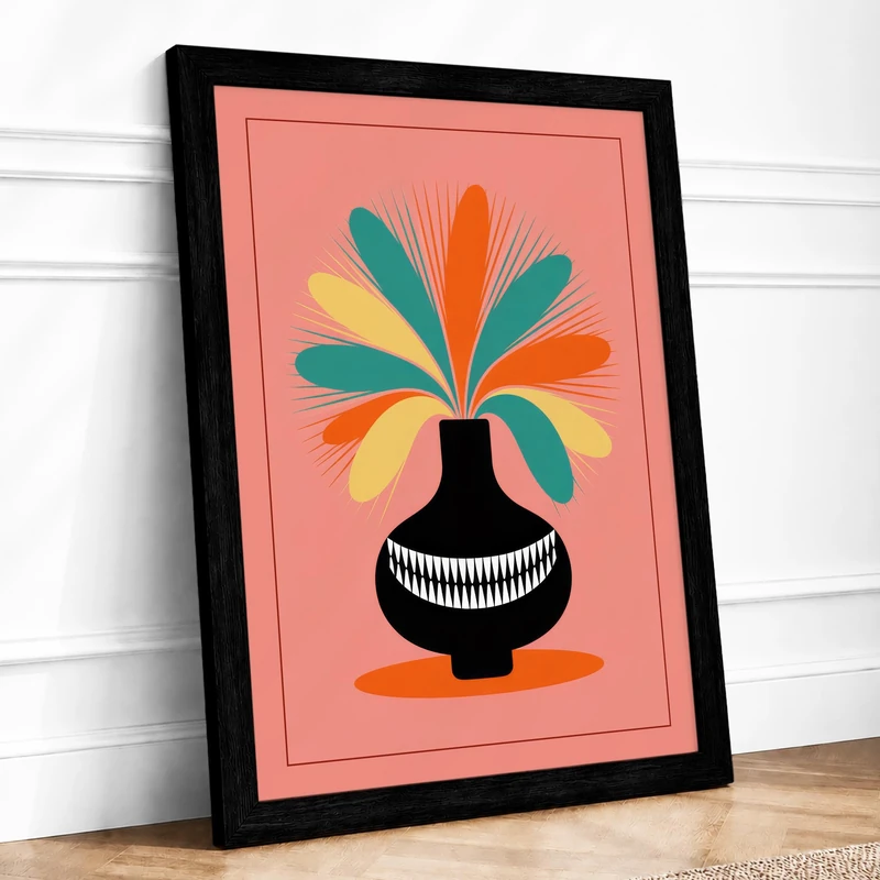 Geometric Vase with Burst Mid Century Framed Wall Art Print A1 Black