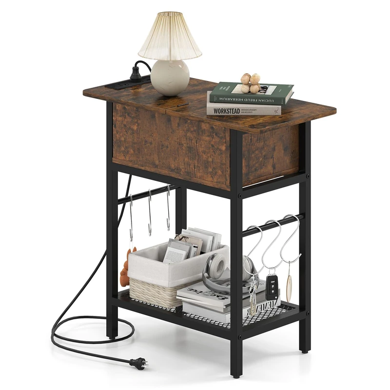 CASART Side Table with Charging Station, Narrow Bedside Table Nightstand with Flip Top, Hidden Compartment, Mesh Shelf & Hooks, Industrial Sofa Side End Tables for Living Room Bedroom