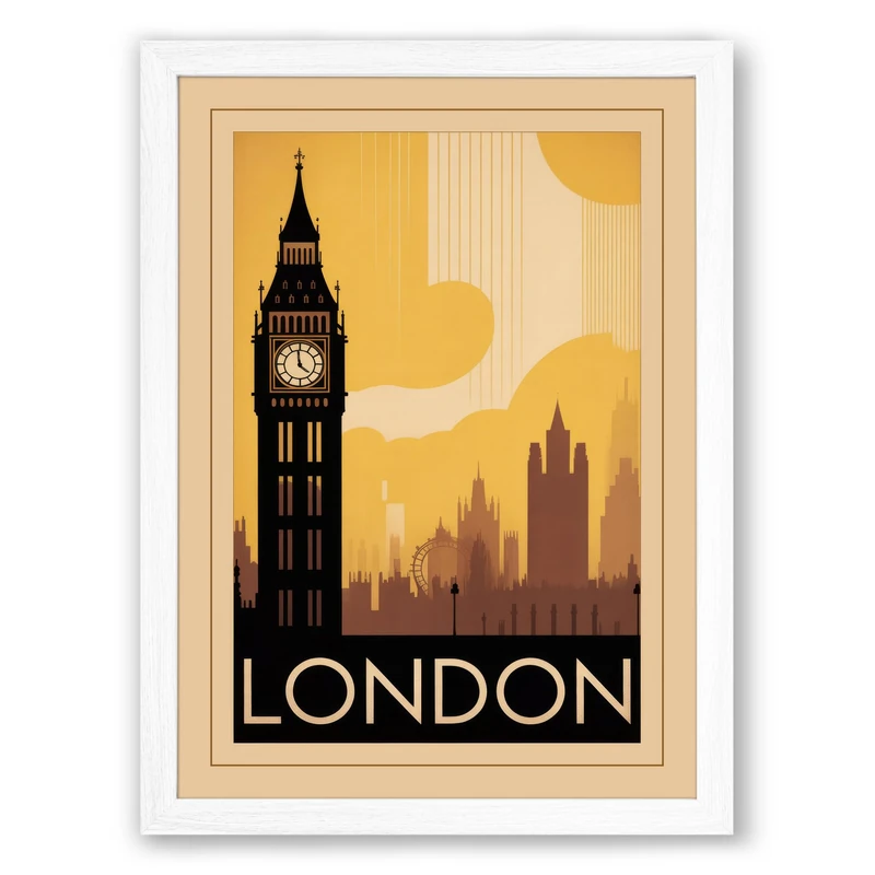 Postcard from Vintage London Art Deco Framed Wall Art Print A1 (84.1×59.4cm) White, Wall Decor for Living Room, Bedroom, Office & Home, Ready to Hang, Art Gift