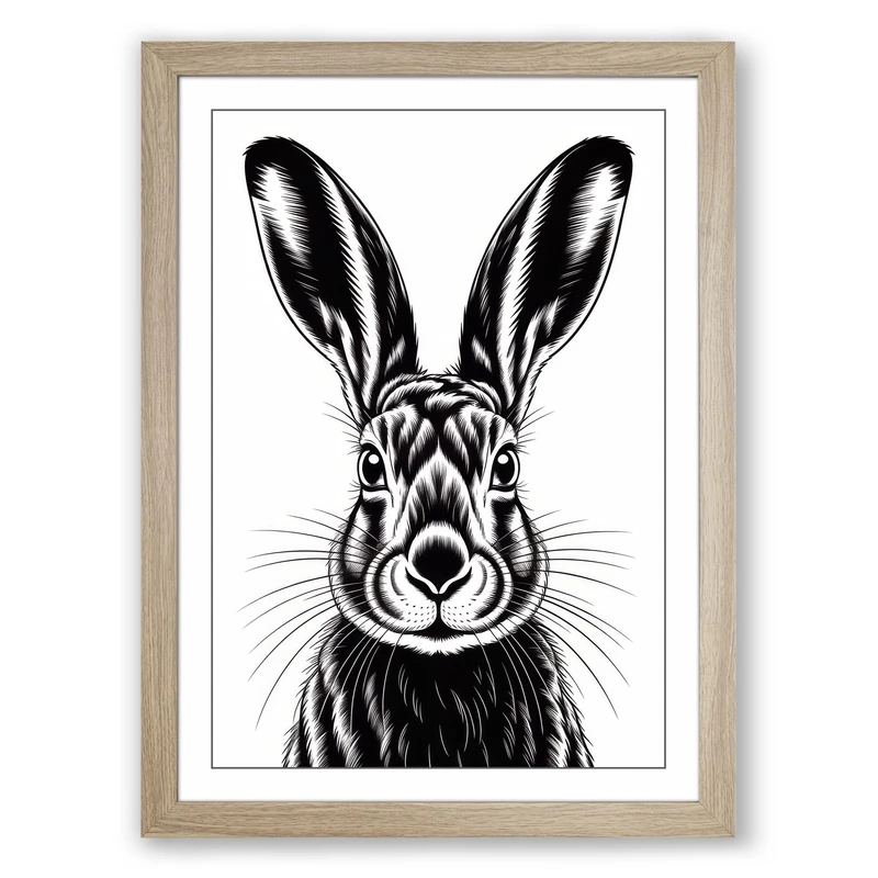 Hare in Bold Relief Graphic Art Framed Wall Art Print A1 (84.1×59.4cm) Oak, Wall Decor for Living Room, Bedroom, Office & Home, Ready to Hang, Art Gift