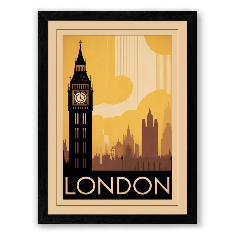 Postcard from Vintage London Art Deco Framed Wall Art Print A1 (84.1×59.4cm) Black, Wall Decor for Living Room, Bedroom, Office & Home, Ready to Hang, Art Gift