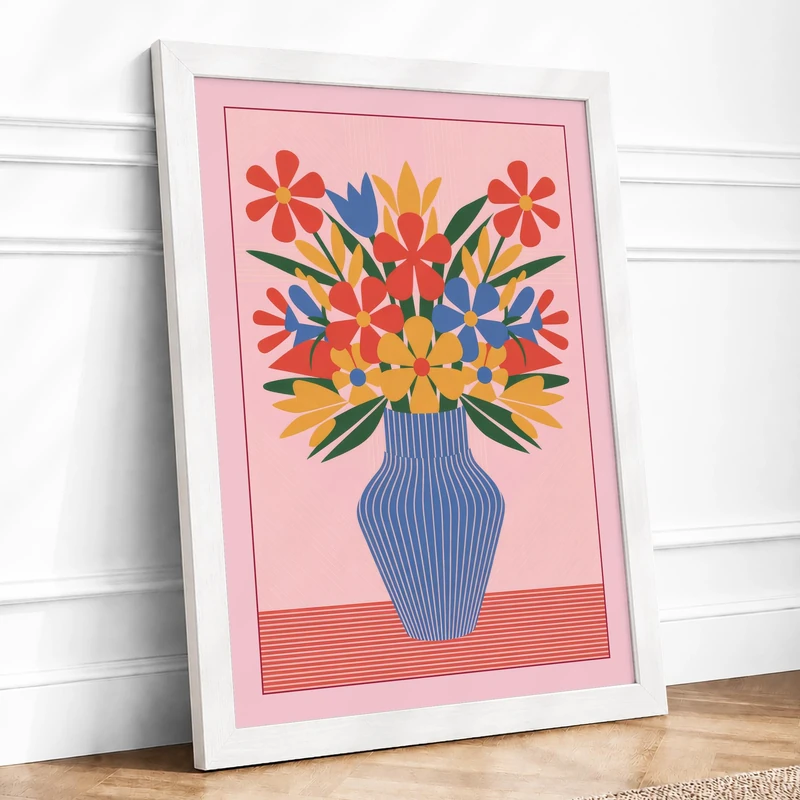 Geometric Floral Vase Framed Wall Art Print A1 White