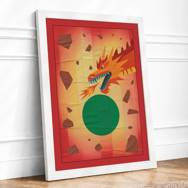 Playful Dragon Modern Framed Wall Art Print A1 (84.1×59.4cm) White, Wall Decor for Living Room, Bedroom, Office & Home, Ready to Hang, Art Gift