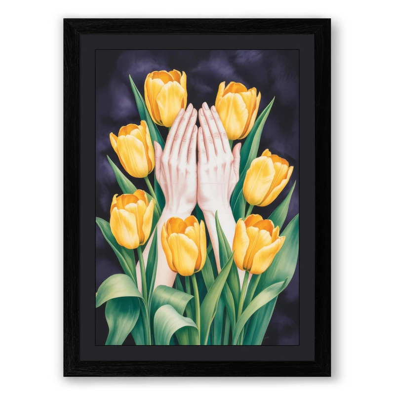 Hands and Tulips Botanical Framed Wall Art Print A1 (84.1×59.4cm) Black, Wall Decor for Living Room, Bedroom, Office & Home, Ready to Hang, Art Gift - Image 1