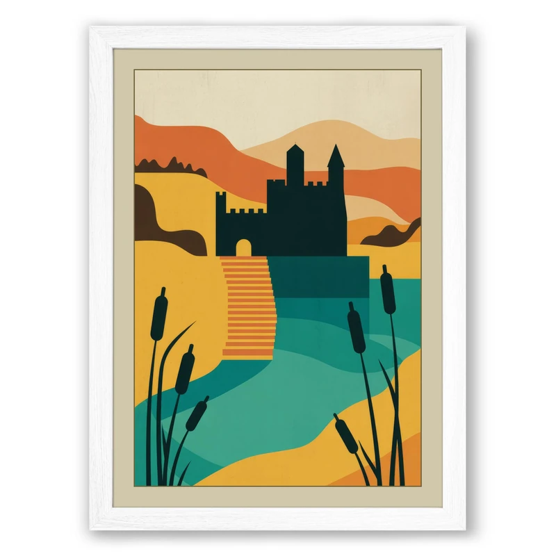 Tuscan Valley at Dusk Minimalist Framed Wall Art Print A1 (84.1×59.4cm) White, Wall Decor for Living Room, Bedroom, Office & Home, Ready to Hang, Art Gift