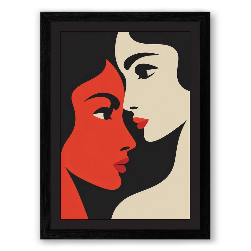 Facing Profiles Mid-Century Framed Wall Art Print A1 (84.1×59.4cm) Black, Wall Decor for Living Room, Bedroom, Office & Home, Ready to Hang, Art Gift - Image 1