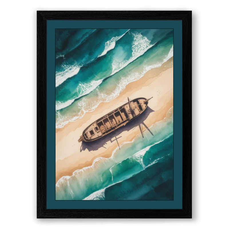 Shipwreck on the Shore Coastal Framed Wall Art Print A1 (84.1×59.4cm) Black, Wall Decor for Living Room, Bedroom, Office & Home, Ready to Hang, Art Gift - Image 1
