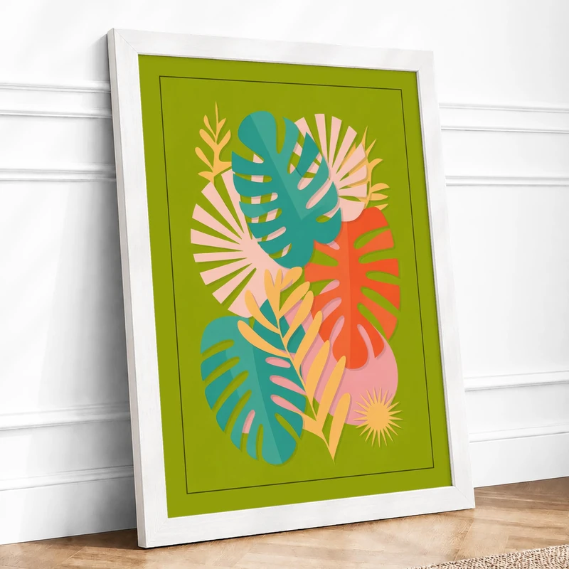 Leaf Collage Tropical Framed Wall Art Print A1 (84.1×59.4cm) White, Wall Decor for Living Room, Bedroom, Office & Home, Ready to Hang, Art Gift