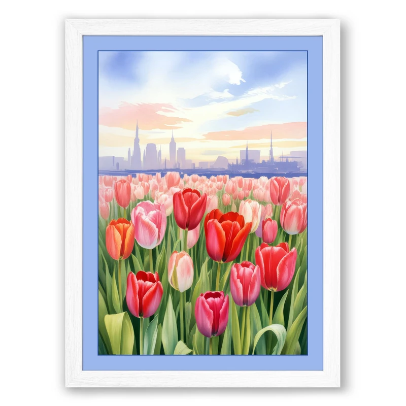 Tulips at Daybreak Botanical Framed Wall Art Print A1 (84.1×59.4cm) White, Wall Decor for Living Room, Bedroom, Office & Home, Ready to Hang, Art Gift
