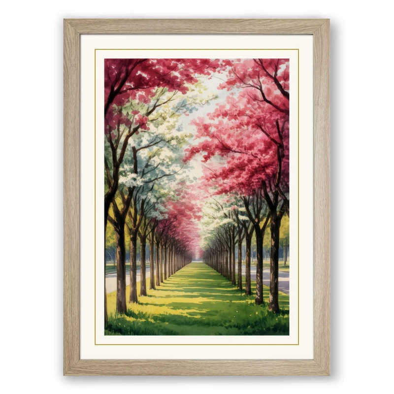 Cherry Blossom Avenue Botanical Framed Wall Art Print A1 (84.1×59.4cm) Oak, Wall Decor for Living Room, Bedroom, Office & Home, Ready to Hang, Art Gift