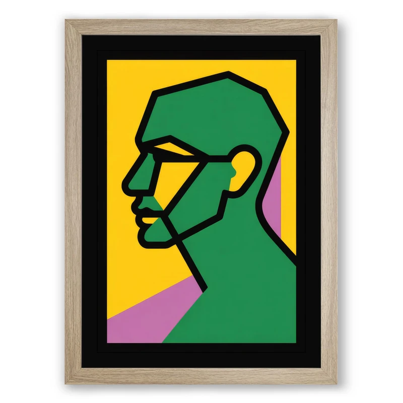 Geometric Portrait in Green Modern Framed Wall Art Print A1 (84.1×59.4cm) Oak, Wall Decor for Living Room, Bedroom, Office & Home, Ready to Hang, Art Gift