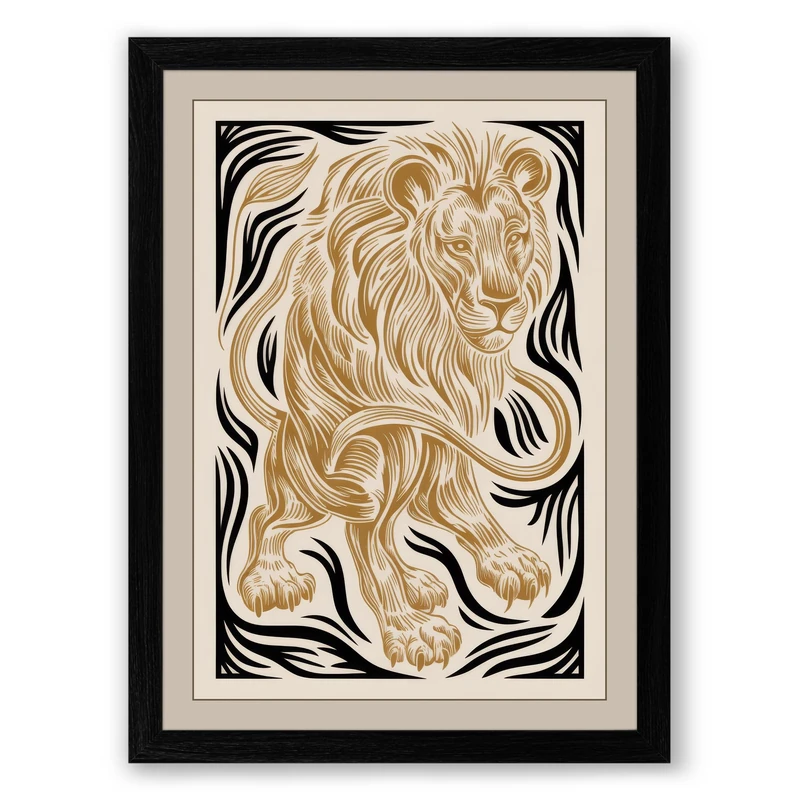 Lion in Profile Vintage Framed Wall Art Print A1 (84.1×59.4cm) Black, Wall Decor for Living Room, Bedroom, Office & Home, Ready to Hang, Art Gift